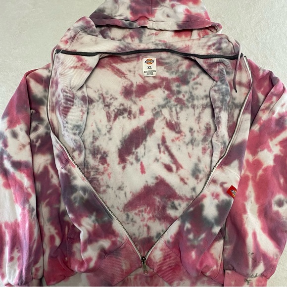 Womens PINK Tie Die Dickies Zip Up Hoodie Heavyweight Embroidered Patch Size XL - Picture 5 of 9